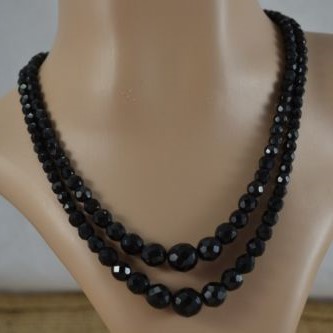 Austrian 1930's black glass bead graduated necklace